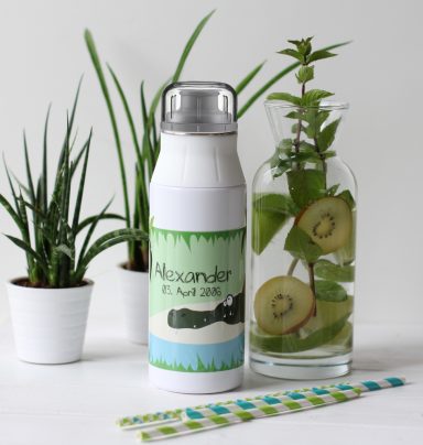 Auslaufsiche Edelstahlflaschen Wasserflasche mit Lavendelmotiv, umgeben von Pflanzen und einer Flasche mit Minze und Apfel.