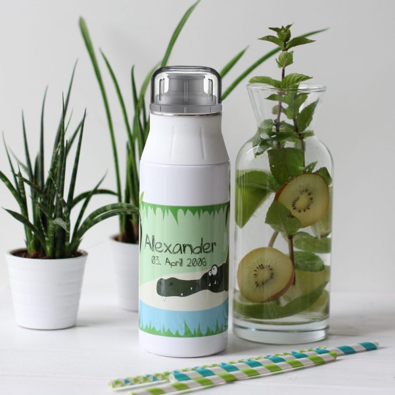alfi Trinkflasche Krokodil Trinkflasche von alfi mit einem Krokodil neben einer Vase.
